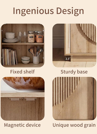 Contemporary Buffet Cabinet with Storage, Round Fluted Door Sideboard with Shelves, Wooden Modular Coffee Bar, Deep Beveled Design for Dining Room, Kitchen, Living Room, Entryway, 63" Natural Oak