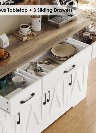 55" Buffet Cabinet with Drawers and Shelves, Modern Farmhouse Sideboard Storage for Kitchen and Dining Room, White/Rustic Finish