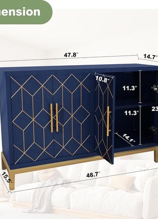 48-Inch Modern Accent Cabinet with Four Doors and Shelves, Gold Trim Sideboard Buffet for Living Room, Kitchen, Dining Room, and Hallway in Blue