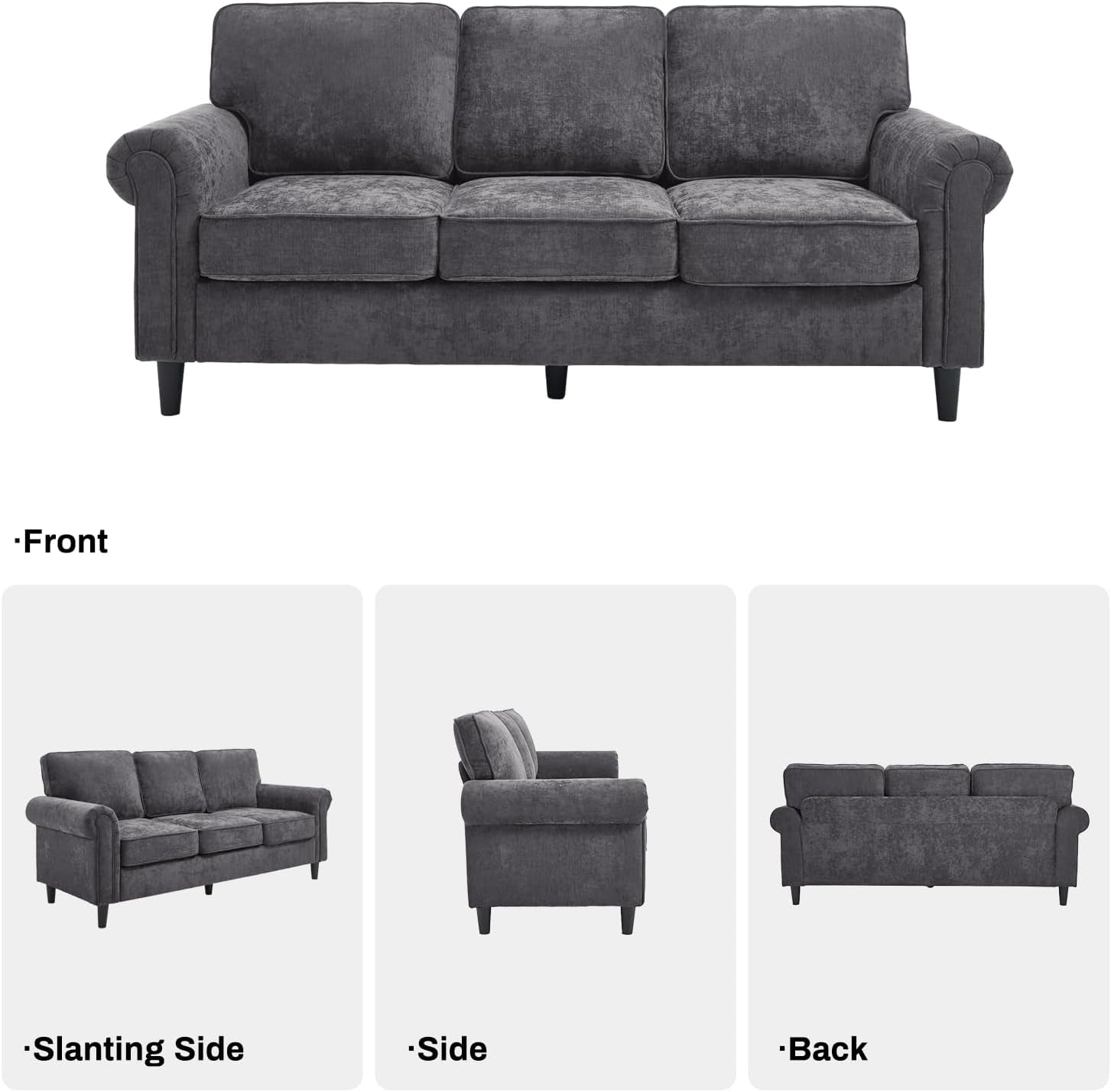 3 Seater Couch, Mid Century Modern Sofa with Rolled Arms and Deep Seats, Fluffy Comfort for Living Room, Apartment, Easy Assembly, Gray
