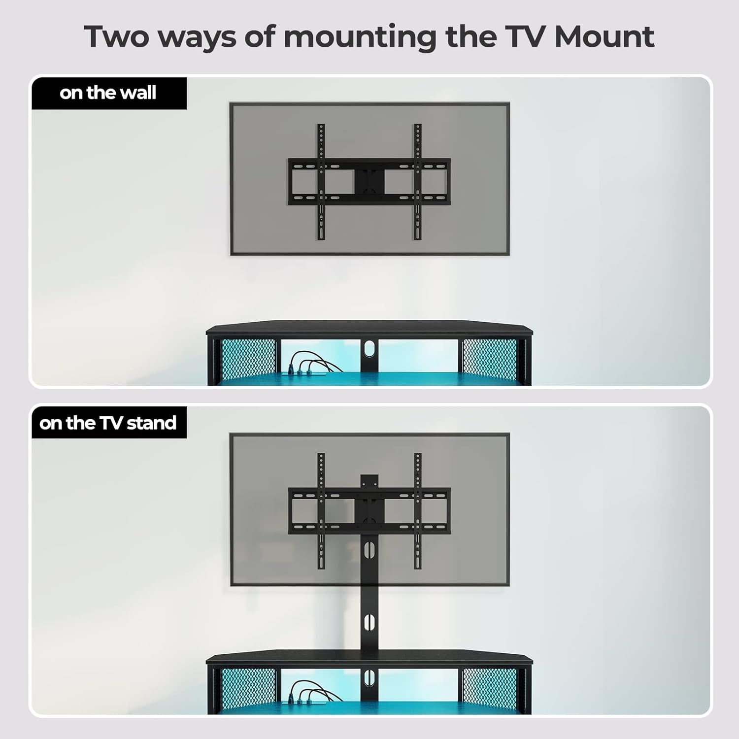 TV Stand with Mount and Power Outlet, Swivel TV Stand with LED Lights for 32/45/55/60/65/70 Inch Tvs, Black Entertainment Center Media Console with Height Adjustable Mount