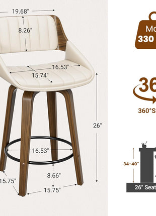 Set of 2 Mid Century Modern Swivel Counter Height Bar Stools, 26" Upholstered Faux Leather with Bentwood Back and Legs, Cream White for Kitchen Island and Dining Room