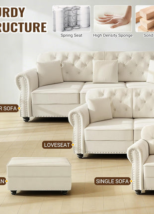Elegant 3-Piece Chesterfield Sofa Set with Luxurious Velvet Upholstery and Stylish Nailhead Trim