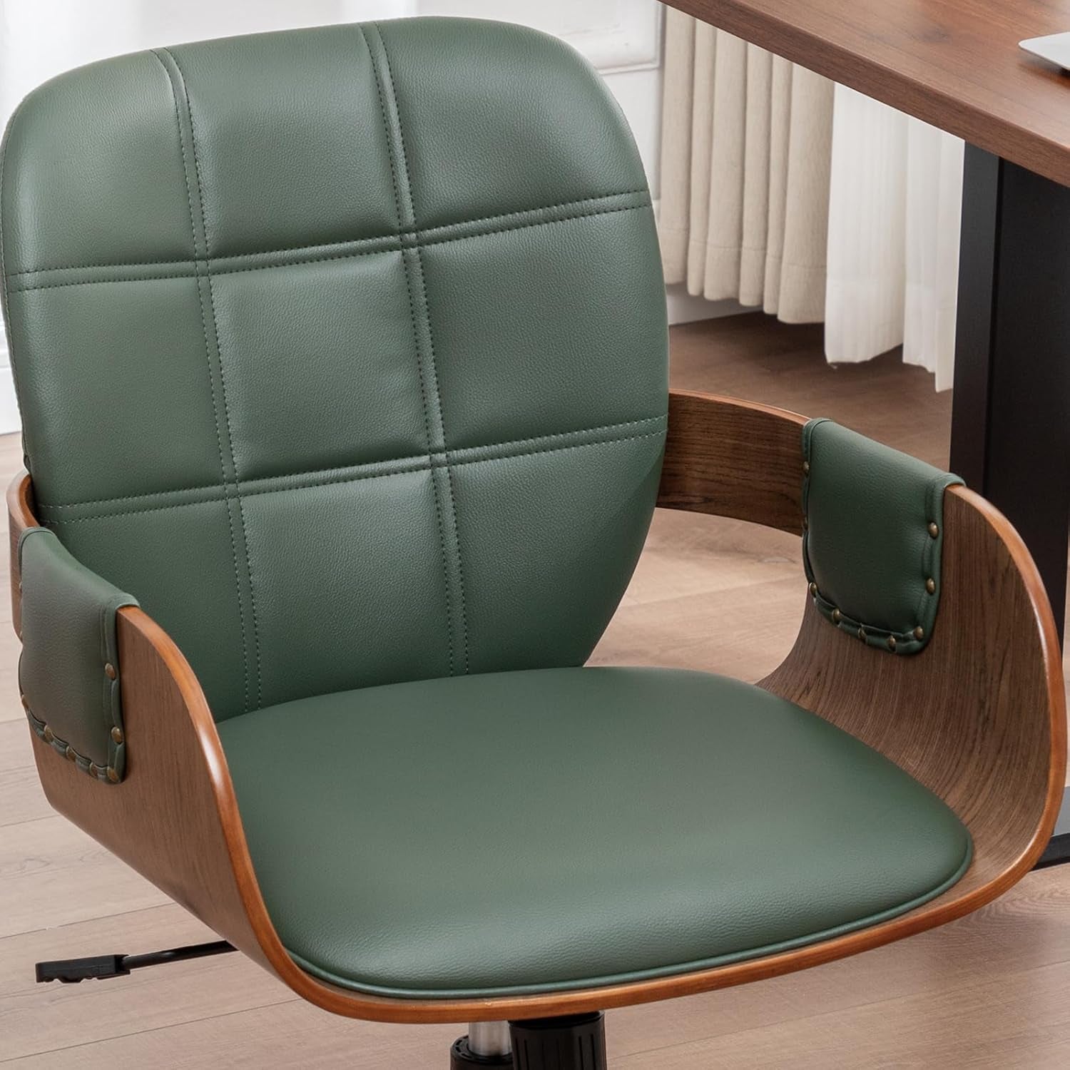 Home Office Desk Chair with Caster Wheels, Walnut Craftsmanship, Ergonomic Curved Back and Arms, Faux Leather, Height Adjustable, Computer Chair for Desk Work, Executive Task, Conference Rooms - Green