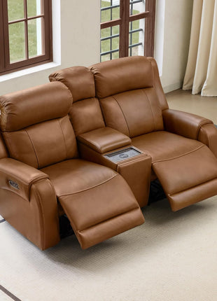 Genuine Leather Power Recliner Sofa with Wall Hugger Design, Dual Motors, USB Charging Ports, Ideal for Living Room and RV, Saddle Leather Finish