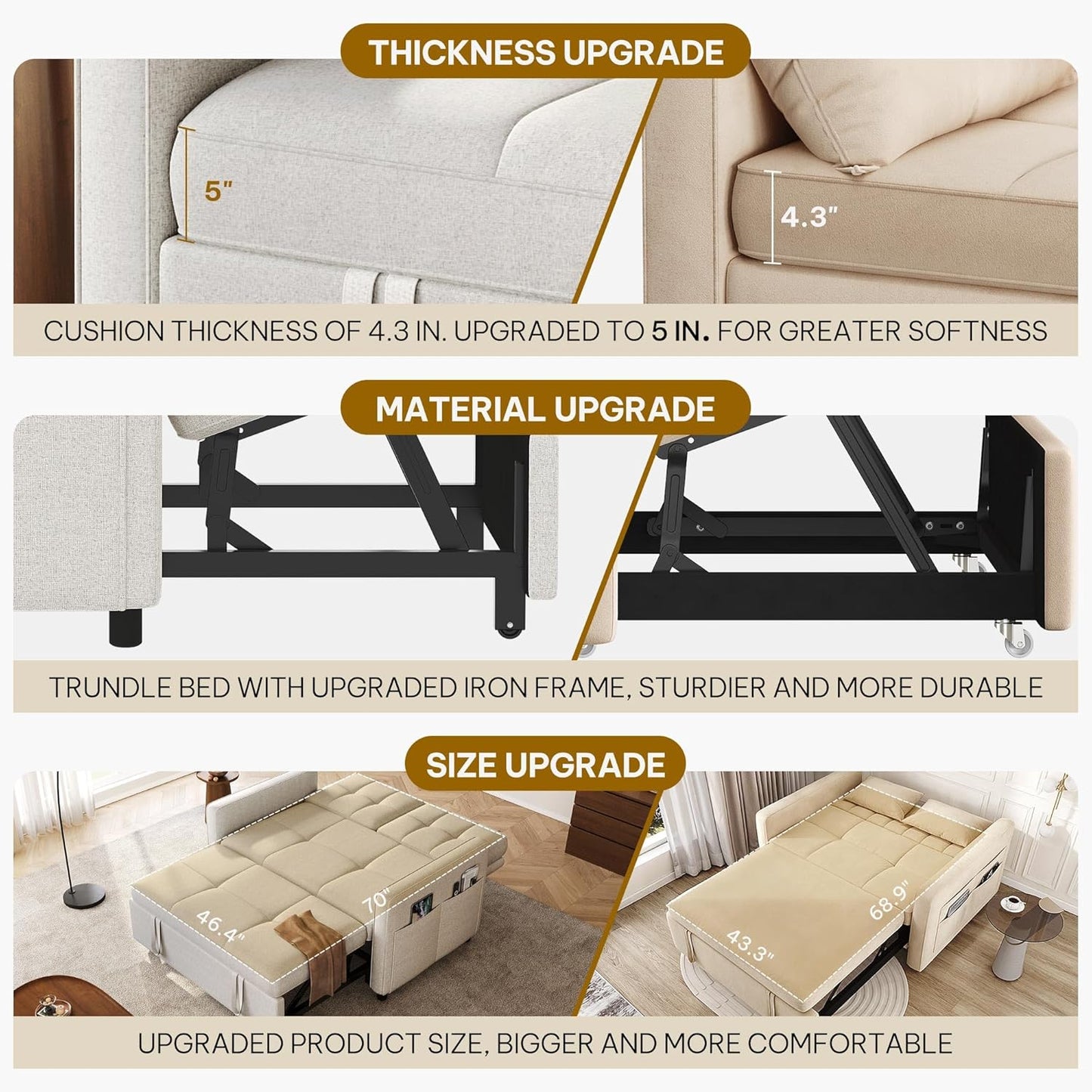 55" Convertible Sofa Bed, 3-In-1 Sleeper Sofa with Pull-Out Bed, Linen Futon Couch with Adjustable Backrest and Side Pocket, Modern Loveseat for Living Room Apartment, Light Beige