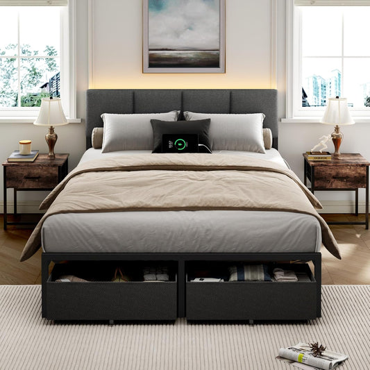 Full Size Bed Frame with Headboard, Upholstered Full Bed Frame with LED Light, USB Charging Station, Platform Bedframe with 2 Fabric Underbed Storage Drawers, No Spring Box Needed