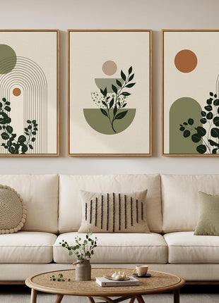 Large 3-Piece Framed Abstract Bohemian Wall Art Set - Minimalist Green and Beige Canvas Prints for Living Room, Botanical Sage Green Plant Artwork for Bedroom and Dining Room, 20x30 Inches