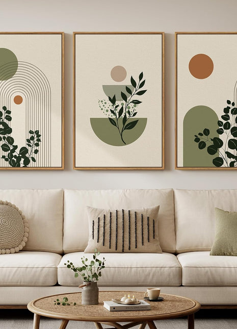Large 3-Piece Framed Abstract Bohemian Wall Art Set - Minimalist Green and Beige Canvas Prints for Living Room, Botanical Sage Green Plant Artwork for Bedroom and Dining Room, 20x30 Inches