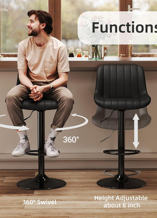 Set of 2 Adjustable Swivel Counter Height Bar Stools with Backrest, Armless PU Leather Kitchen Island Chairs in Black