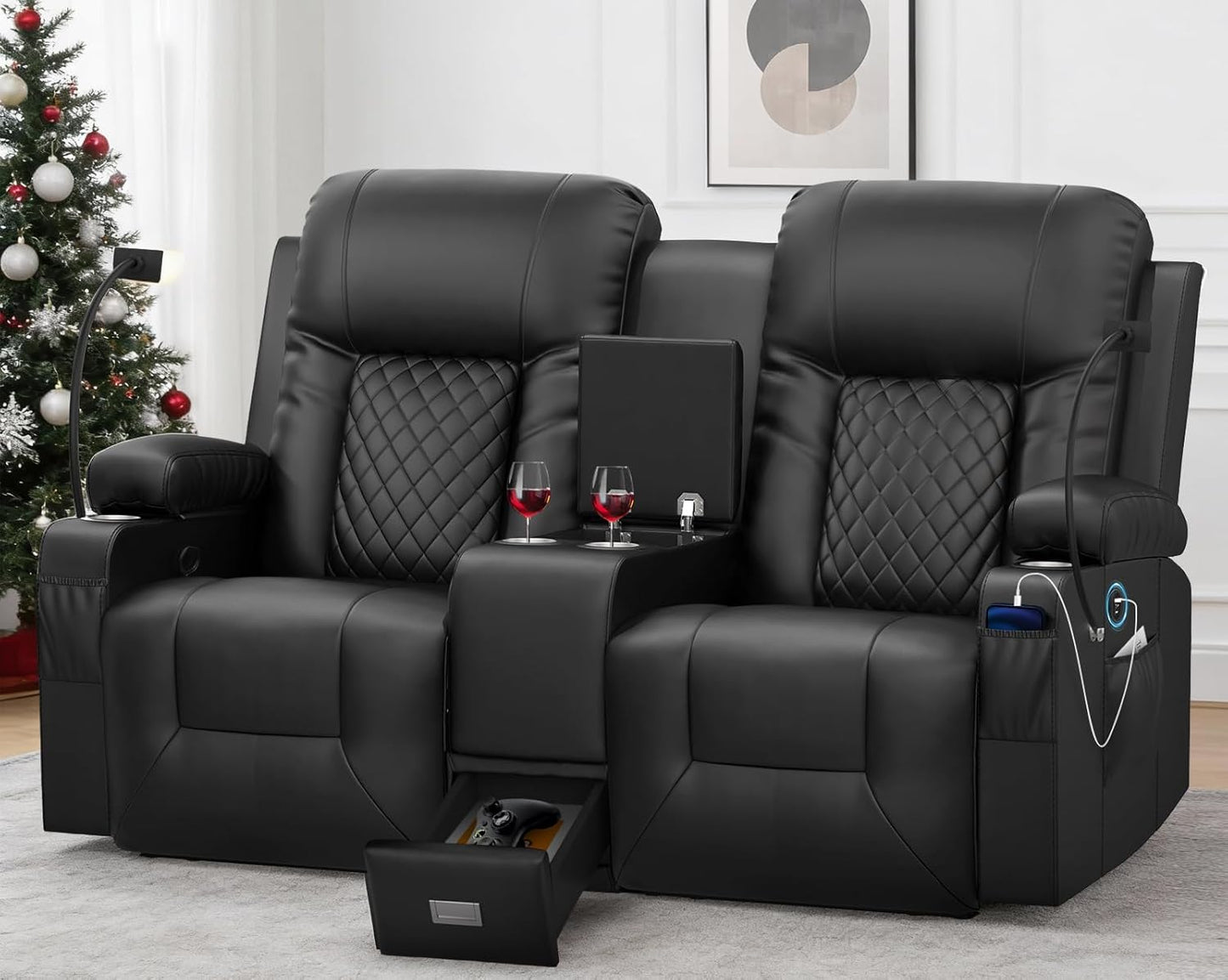 Large Loveseat Recliner, Loveseat Recliner Sofa with Storage Console, Recliner Chair with USB Ports, 2 Cell Phone Holders, Cup Holder, Loveseat Couch for Living Room
