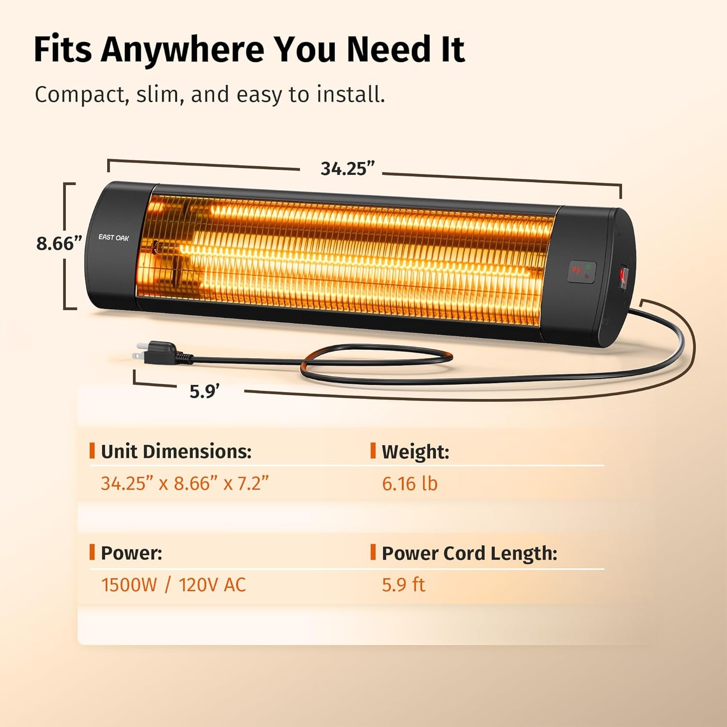 Electric Patio Heater | 1500W Wall Mounted Infrared Heater for Outdoor, Garage, Backyard, Restaurant | 24H Timer, IP65 Waterproof | 3 Heat Levels & Overheating Protection | Black