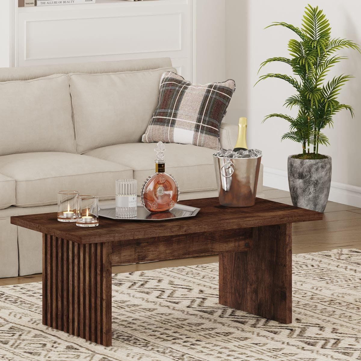 Coffee Table for Living Room, Farmhouse Wood Center Table, Rectangle Mid-Century Living Room Tables, Unique Fluted Panel Coffee Tables (Rustic Oak, 43Inch)