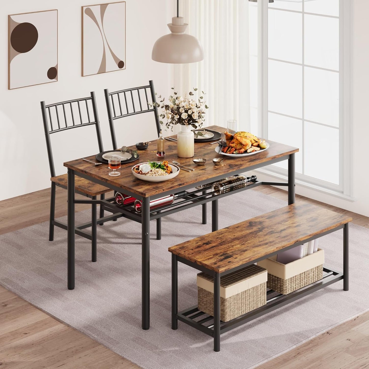 Dining Table Set for 4 with Bench and Chairs, 4-Piece Kitchen Table Set with Storage – Space-Saving Dining Table for Apartments and Dining Rooms, Brown