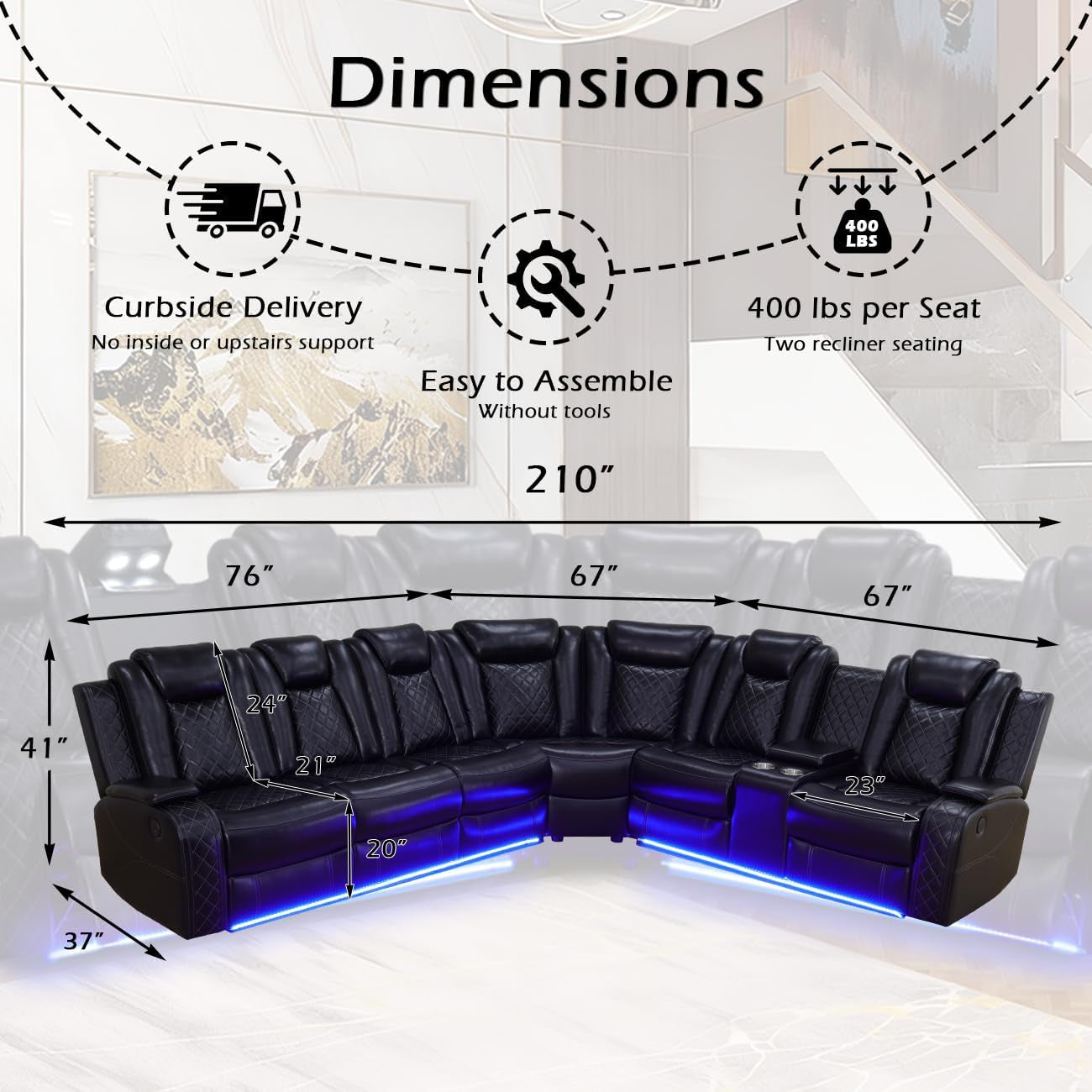 Power Recliner Sectional Sofa Set for Living Room Furniture Sets,Leather Reclining Sofa Set with LED Lights/Hidden Storage,L- Shaped Couch for Living Room/Home Theater(Black,Sectional)