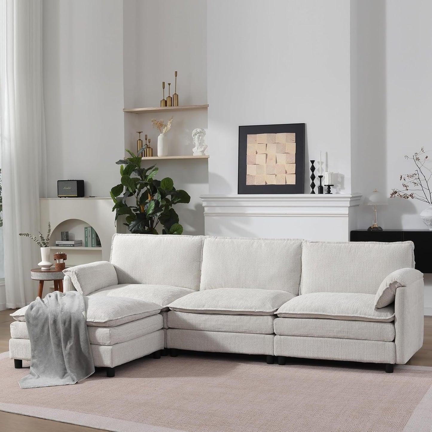 108" Cloud Sectional Couches for Living Room, Convertible L Shaped Modular Sectional Sofa with Movable Ottoman, 3-Seat Chenille Cloud Couch with Deep Seat for Bedroom, Apartment, Beige