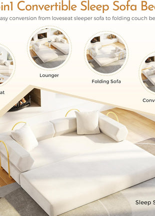 79'' Convertible Sofa Bed - Multifunctional 5-in-1 Folding Futon Couch, Space-Efficient Corduroy Sleeper for Living Room and Bedroom (Beige White)