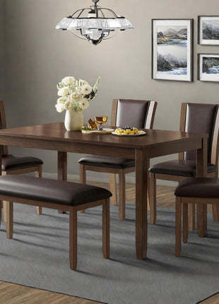 Farmhouse 6-Piece Dining Set with Rectangular Table, 4 Upholstered Chairs, and Bench in Warm Walnut Finish