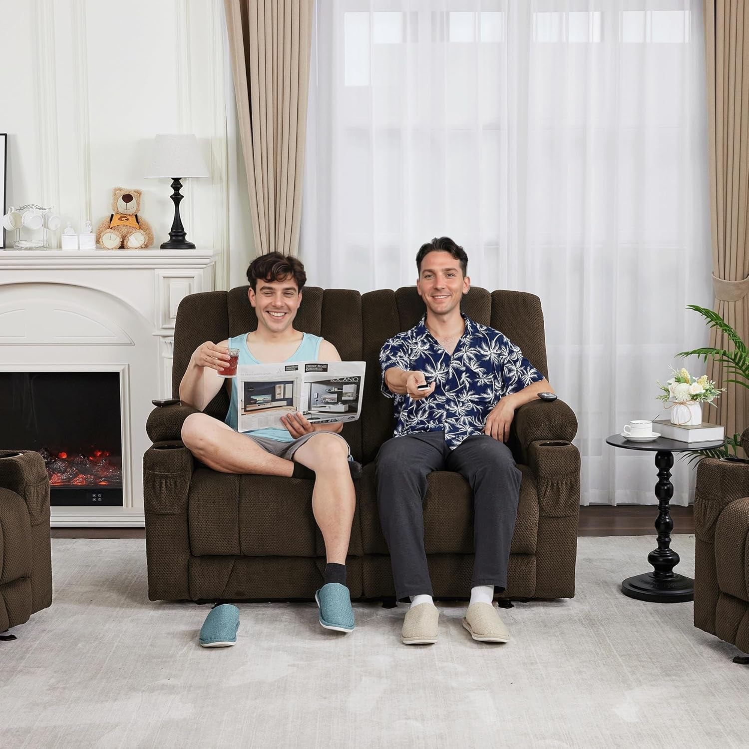 57.8" Zero Gravity Power Loveseat Sofa with Heat and Massage, Reclining Loveseat Recliner for Living Room, Fabric 6035SET (Brown)