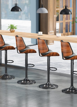 Set of 2 Adjustable Swivel Bar Stools in Mid-Century Modern Bentwood Design with PU Leather Upholstery, Backrest, and Footrest - Perfect for Kitchen Counter, Bar, or Dining Room, Black