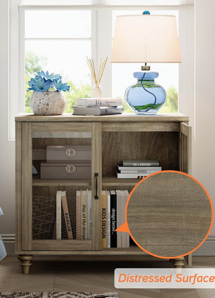 Farmhouse End Table Set of Two - Spacious Mid-Century Modern Wooden Bedside Tables with Glass Doors, Perfect for Living Room and Bedroom, Wash Grey Finish