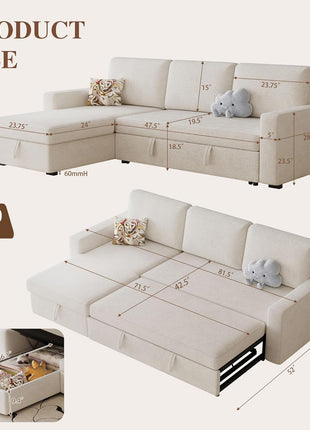 Elegant 81.5" Convertible L-Shaped Sleeper Sofa with Storage Chaise and Removable Cushions - Ideal for Compact Living Spaces, Chic Beige Chenille Fabric