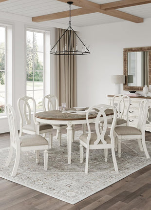 Signature Design by Ashley Realyn French Country Distressed Dining Room Server with Three Drawers and Two Cabinet Doors, Wood Construction, 59" W x 17" D x 36.5" H, Chipped White Finish