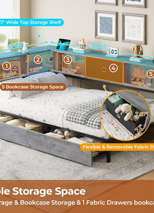 Twin Size Metal Platform Bed Frame with Bookcase Storage Headboard, LED Lights, Storage Drawers, and Charging Station in Oak Gray for Kids and Teens