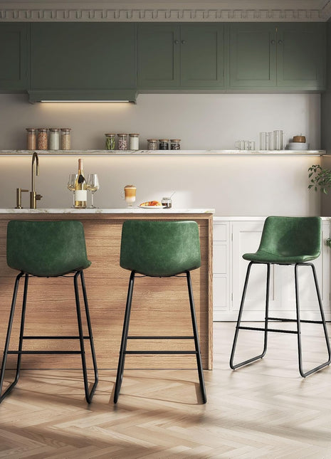 Set of 3 Contemporary 26-Inch Counter Height Bar Stools with Backrest, Faux Leather Upholstery, Metal Legs and Footrest, Perfect for Kitchen Islands (Green)