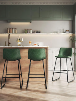 Bar Stools Set of 3, 26 Inches Counter Height Bar Stools with Back, Modern Faux Leather Barstools with Metal Legs and Footrest, Bar Chairs for Kitchens Island (Green)