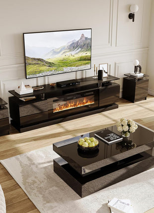 Elevate Your Living Room Aesthetic with a 4-Piece Contemporary Table Set Including a High Gloss Fireplace TV Stand, LED Coffee Table, and Two Stylish End Tables with Storage Drawers.