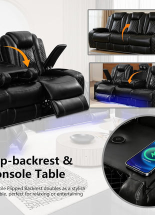 Elevate Your Living Room with a Contemporary Power Recliner Sofa Set - Featuring Breathable Leather, LED Lighting, USB Ports, Cup Holders, and Convenient Storage for an Exceptional Home Theater Experience.