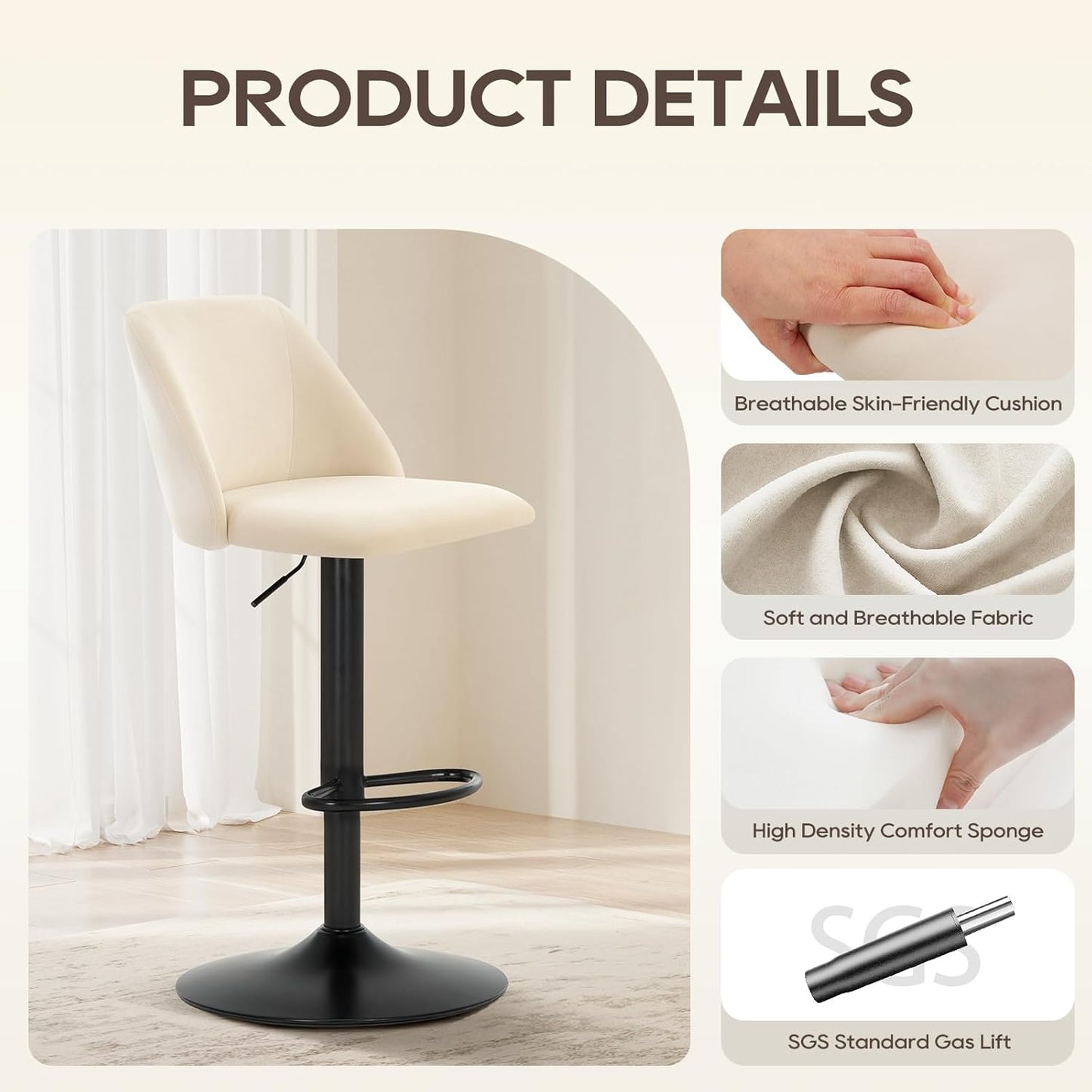 Bar Stools Set of 2, Modern Swivel Bar Chairs, Adjustable Upholstered Barstools Counter Height with Full Backrest for Bar, Dining Room, Kitchen Island, Beige