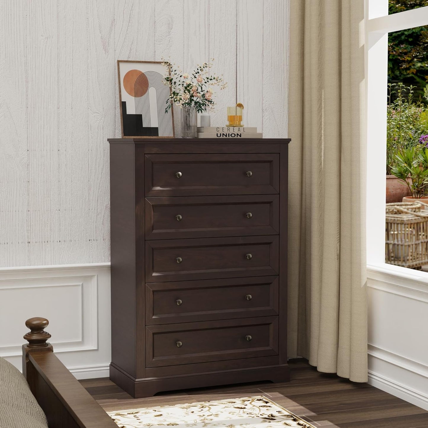 Farmhouse Bedroom Sets of 4, 4Pcs Farmhouse Dresser Set，Including 9 Drawer Dresser, 5 Drawer Dressers and Nightstand Set of 2 with Charging Station (Brown Sets, 4 Pieces)