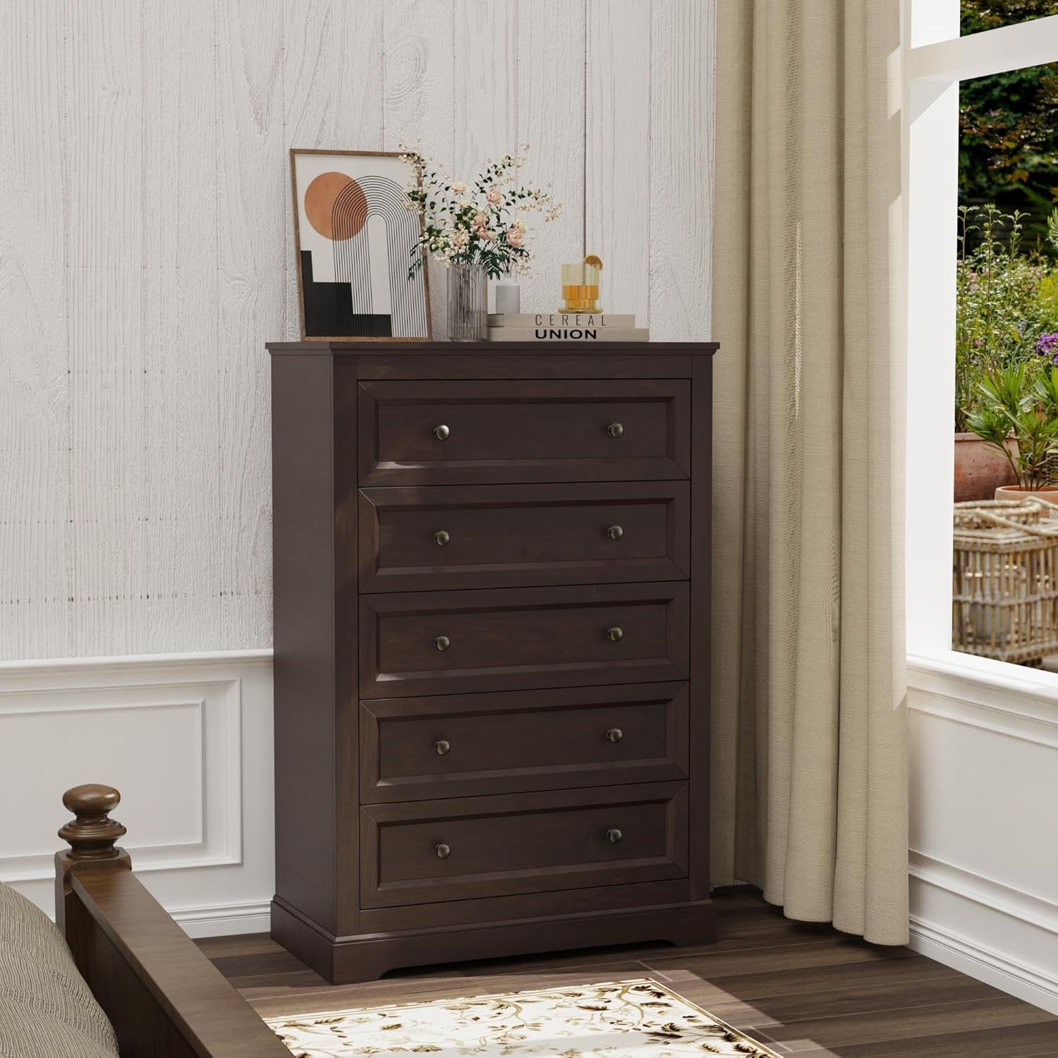 Farmhouse Bedroom Sets of 4, 4Pcs Farmhouse Dresser Set，Including 9 Drawer Dresser, 5 Drawer Dressers and Nightstand Set of 2 with Charging Station (Brown Sets, 4 Pieces)