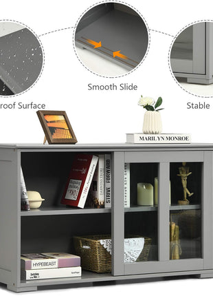 Elegant Grey Wooden Sideboard Buffet Cabinet with Adjustable Shelves and Sliding Glass Doors, Ideal Accent Console Table for Living Room, Dining Room, and Hallway