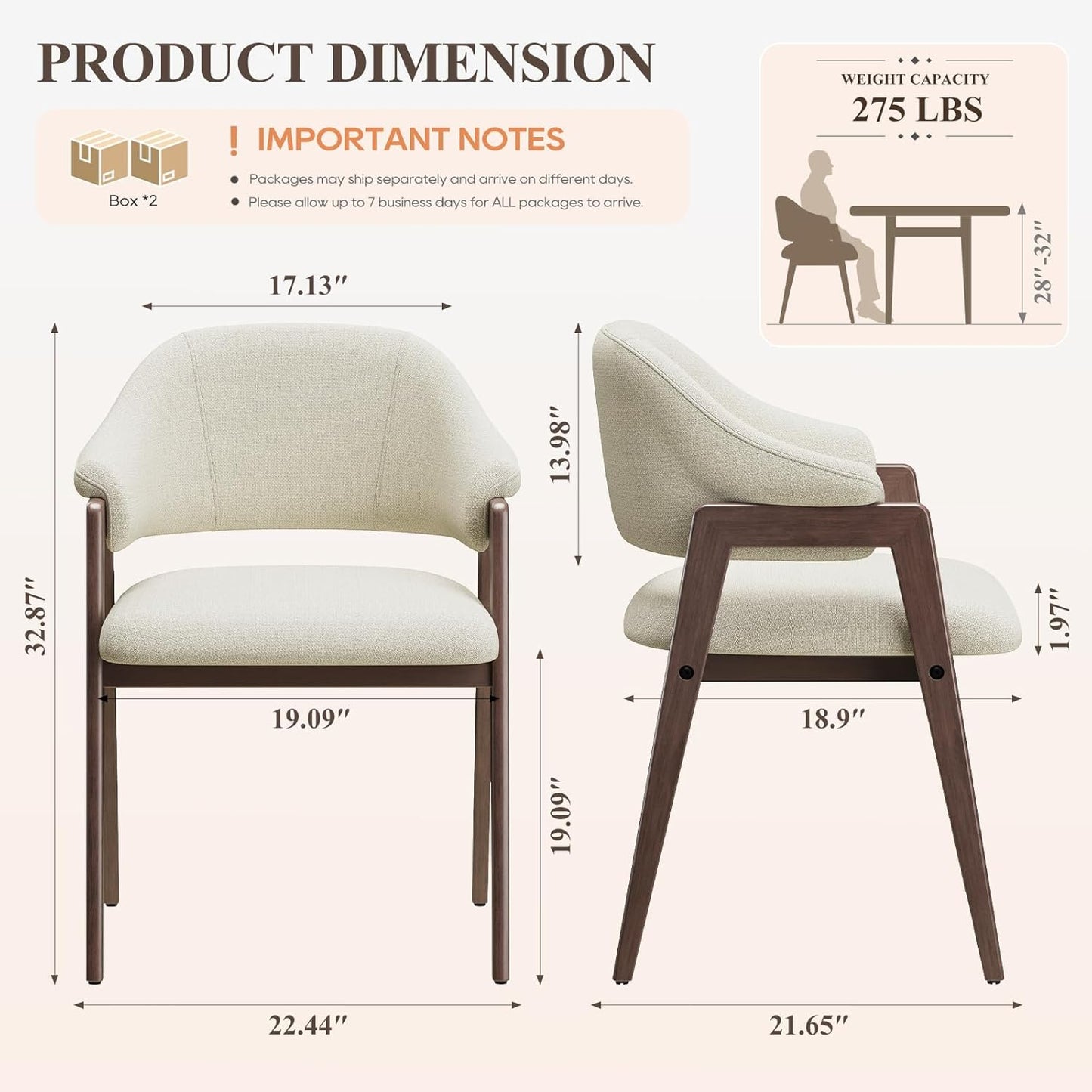 Wooden Dining Chairs Set of 4, Modern Fabric Upholstered Dining Room Chair, Kitchen Side Chairs, Farmhouse Dinner Chair with Curved Open Back for Kitchen, Beige