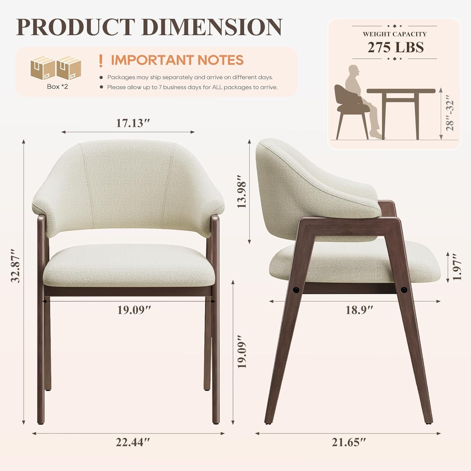 Wooden Dining Chairs Set of 4, Modern Fabric Upholstered Dining Room Chair, Kitchen Side Chairs, Farmhouse Dinner Chair with Curved Open Back for Kitchen, Beige