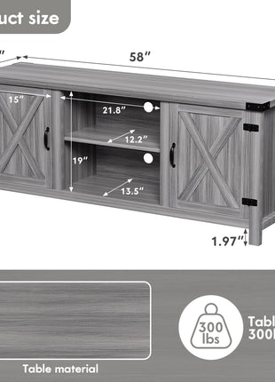 Contemporary Farmhouse TV Stand with Dual Barn Doors and Storage Cabinets for Televisions up to 65 Inches, 58-Inch Entertainment Center Console in Gray Wash Finish