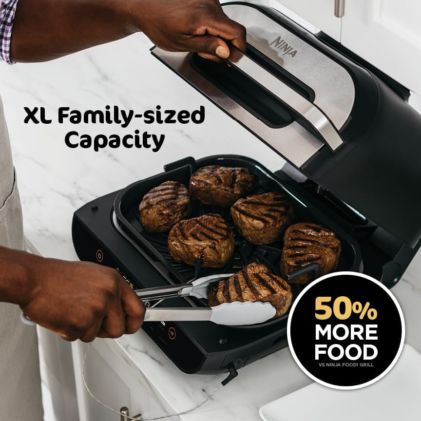 | Indoor Grill and Air Fryer| Foodi Smart XL | 6-In-1 Grill, Air Fry, Roast, Bake, Broil, Dehydrate & Crisp |Smart Thermometer & Splatter Shield | Dishwasher Safe Parts | Black/Silver | FG551