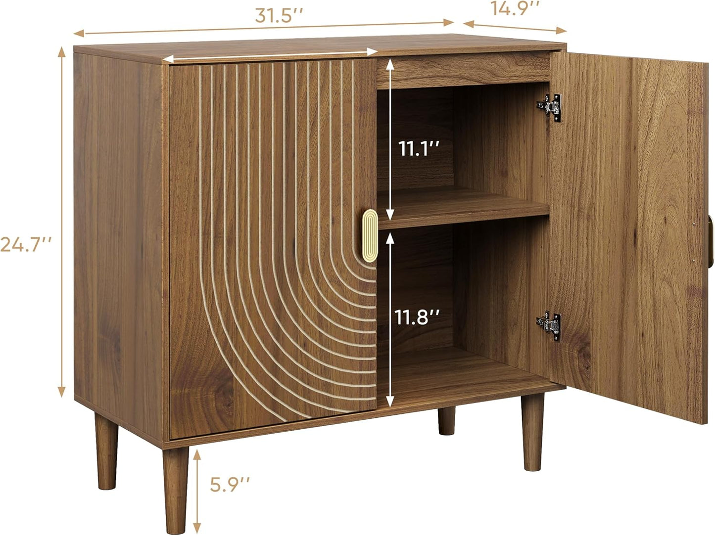 Walnut Sideboard Cabinet, Freestanding Buffet Cabinet with Line Groove Design, Wood Storage Cabinet with Adjustable Shelf for Living Room, Entryway, Hallway