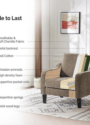 Mid-Century Modern Upholstered Accent Chair in Light Brown with Scooped Arms for Living Room, Bedroom, and Commercial Spaces