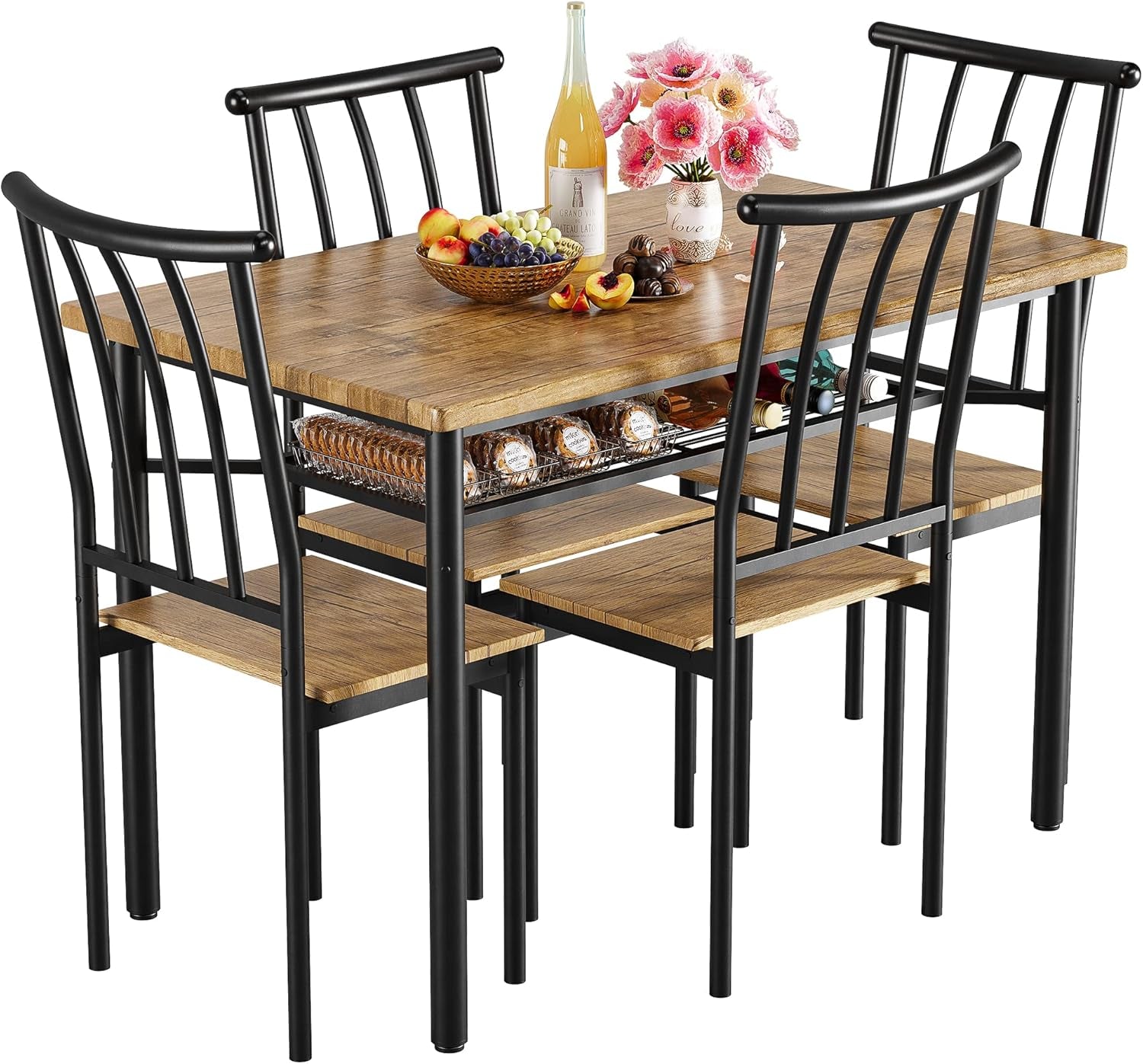 5 Piece Dining Table Set for 4, Kitchen Table and Chairs for 4 with Storage Rack, Metal and Wood Rectangular Dining Room Table Set for Kitchen, Dining Room, Dinette, Rustic Brown