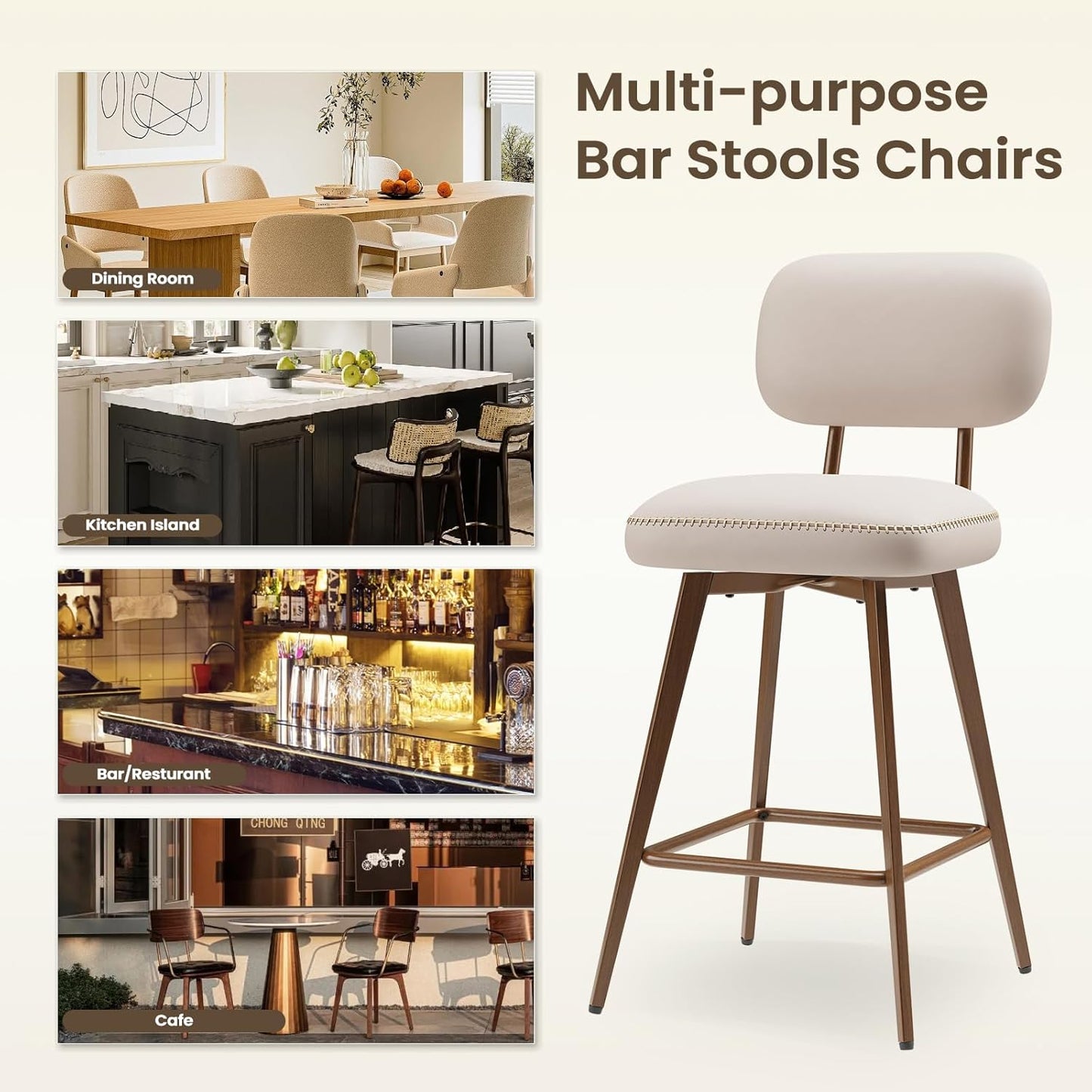 26“ PU Leather Swivel Bar Stools Set of 3, Mid Century Counter Height Bar Chairs with Low Back and Metal Legs, Modern Bar Stool Chair for Kitchen Island, Beige