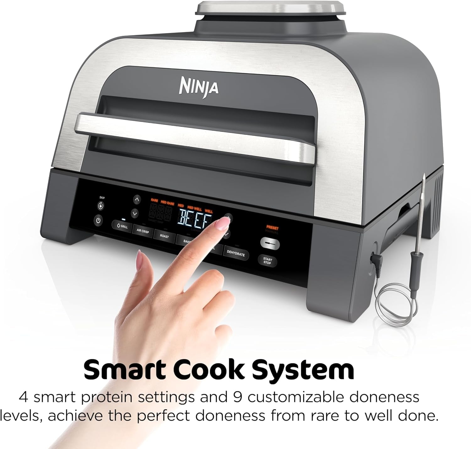 DG551 Foodi Smart XL 6-In-1 Indoor Grill with Air Fry, Roast, Bake, Broil, & Dehydrate, Foodi Smart Thermometer, 2Nd Generation, Black/Silver