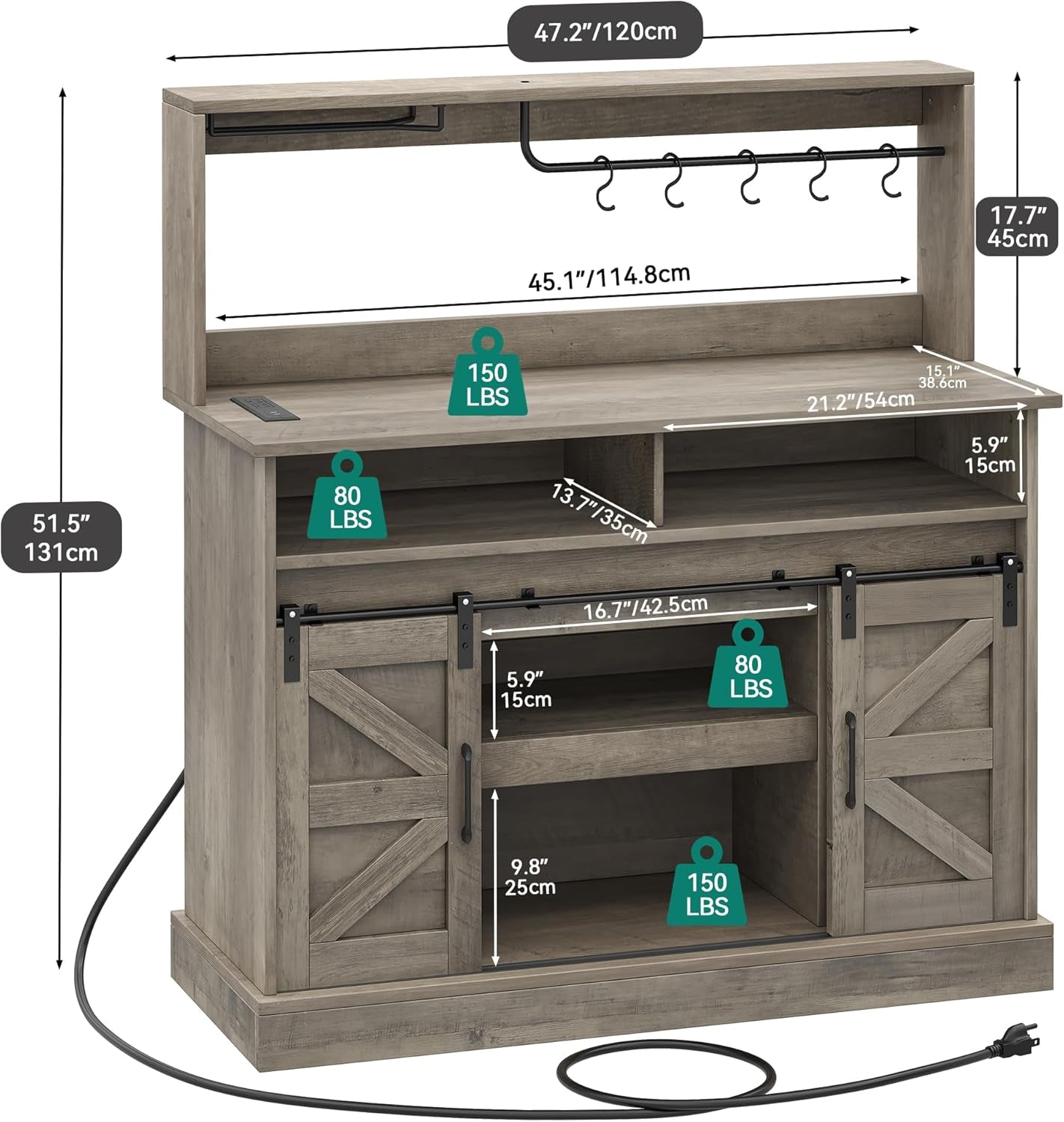 Buffet Cabinets with Storage, 47" Coffee Bar with Goblet Holder & Power Outlet, Farmhouse Sideboard Cabinets with Sliding Barn Doors for Kitchen, Living Room (Rustic Grey Oak)