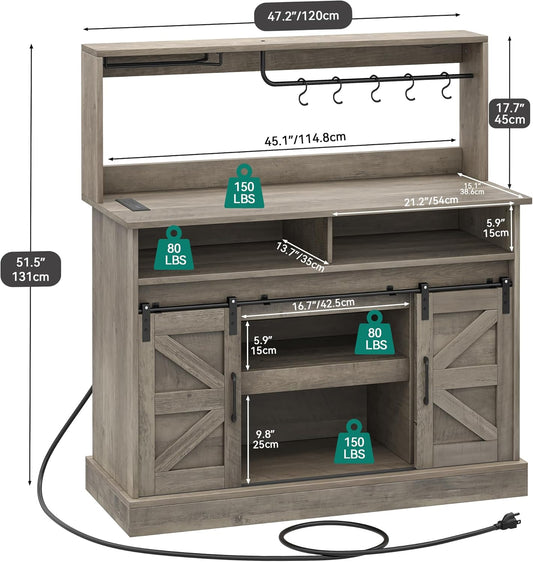 Buffet Cabinets with Storage, 47" Coffee Bar with Goblet Holder & Power Outlet, Farmhouse Sideboard Cabinets with Sliding Barn Doors for Kitchen, Living Room (Rustic Grey Oak)