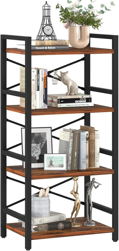 4 Tier Bookshelf - Small Book Shelf Industrial Bookcase, Narrow Book Case Book Storage Organizer for Cd/Movie/Book, Bookshelves for Bedroom Office Living Room Berry Brown