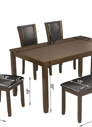 Farmhouse 6-Piece Dining Set with Rectangular Table, 4 Upholstered Chairs, and Bench in Warm Walnut Finish