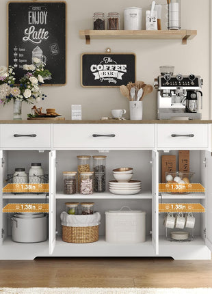 55" Buffet Cabinet with Drawers and Shelves, Modern Farmhouse Sideboard Storage for Kitchen and Dining Room, White/Rustic Finish